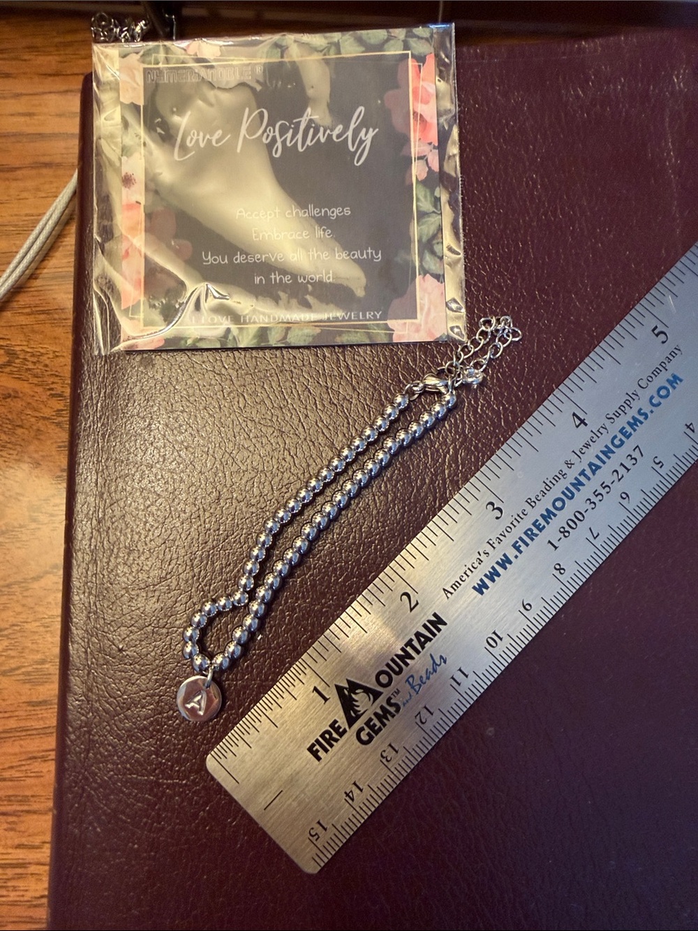 Silver Beaded Bracelet with A initial charm  -